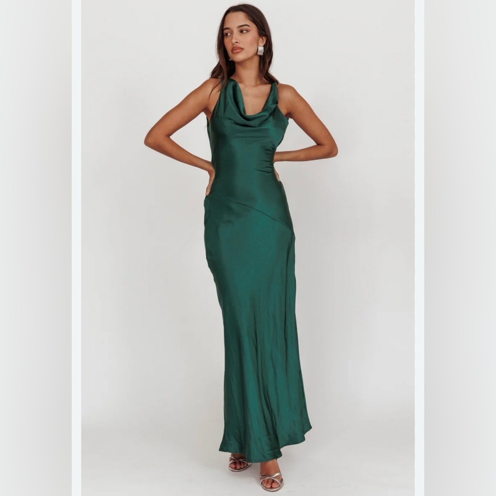 Here Comes The Sun Forest Green Women’s Maxi Dress L – Deep Back, Evening, NWT
